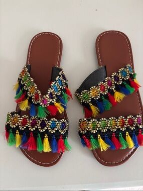 Women’s Multicolor Tassel Slide Sandals - Stylish Boho Embellished